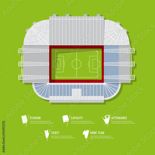 Top view of football stadium or soccer arena.  Sport venue in flat design. Infographic and sport icon set.  Vector Illustration.