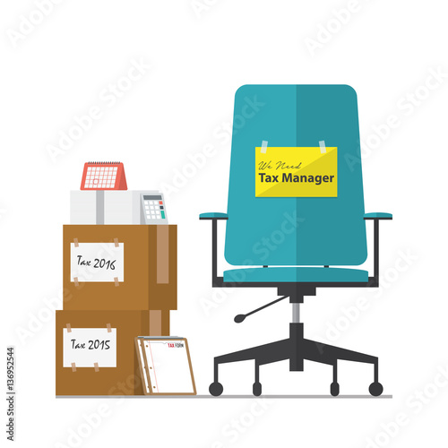Job vacancy advertisement for Tax Manager with office workplace chair in flat design. Vector Illustration. 