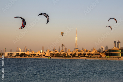 Dubai beach kitesurfing and skyline panorama