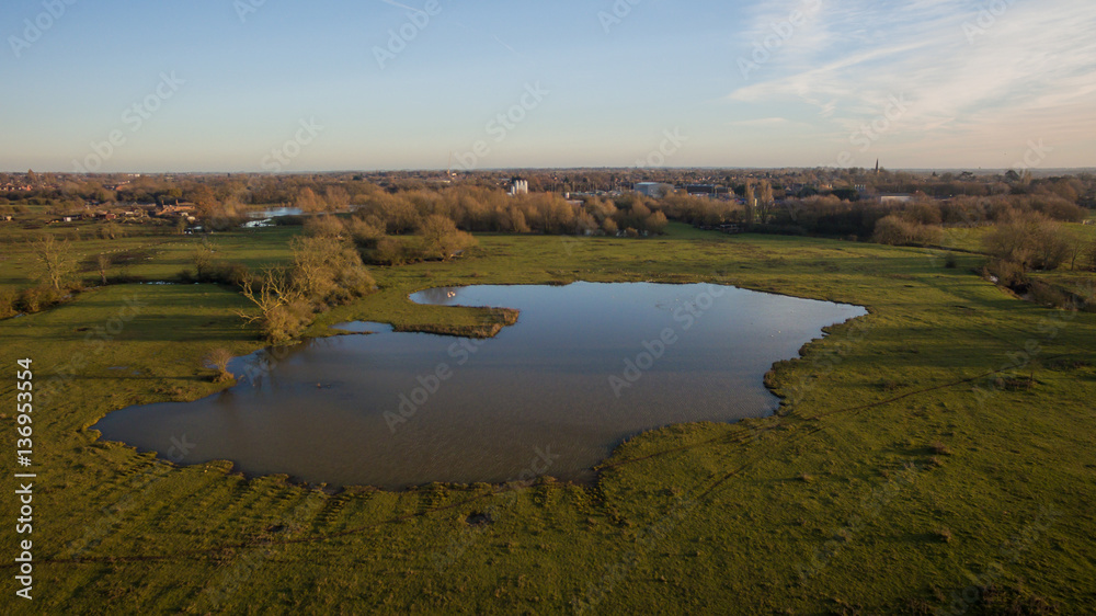 Aerial drone night shot over a lake in the countryside Aerial drone night shot over a lake in the countryside