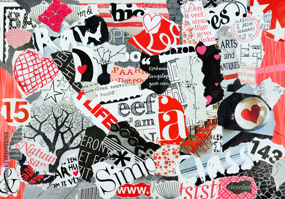 Collage mood board made of old magazine magazines in black, white red  colors results in modern art Stock Photo