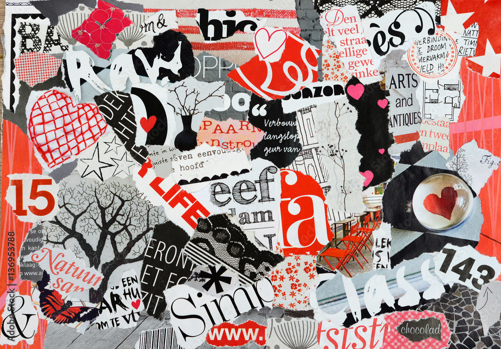Collage mood board made of old magazine magazines in black, white red colors results in modern art