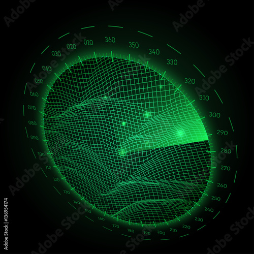 Radar round screen in perspective, on black background. Vector illustration.