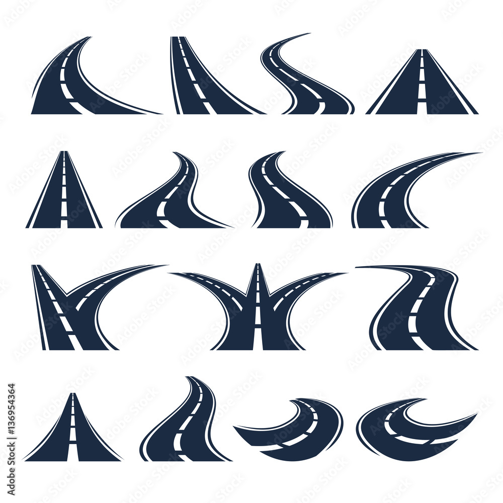 Fototapeta premium Isolated black color winding curved road or highway with dividing markings on white background vector illustrations set.