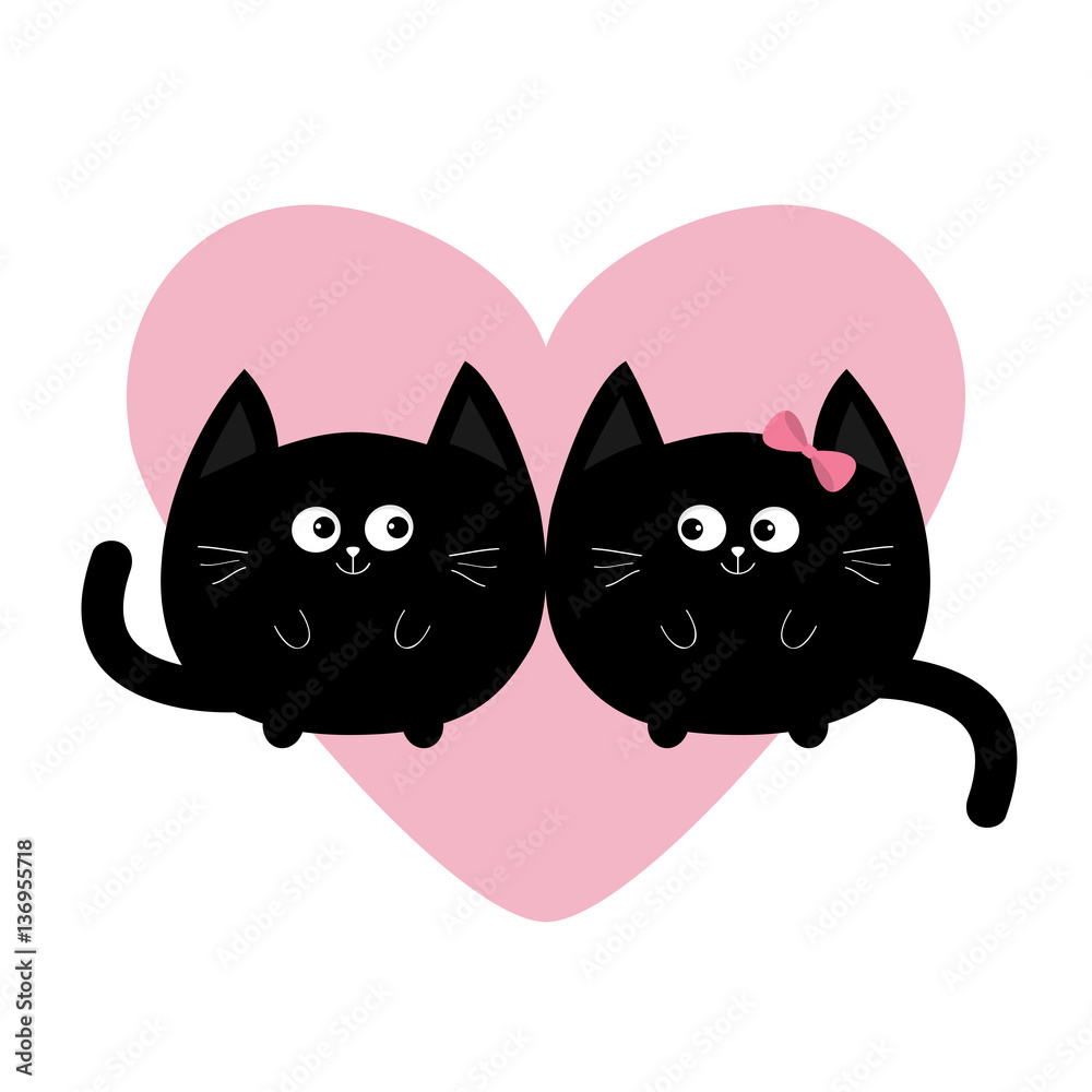 Round shape black cat icon. Love family couple. Pink heart Cute