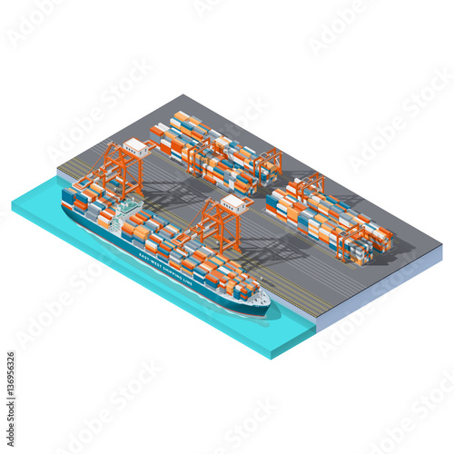 Modern sea container terminal isometric icon set