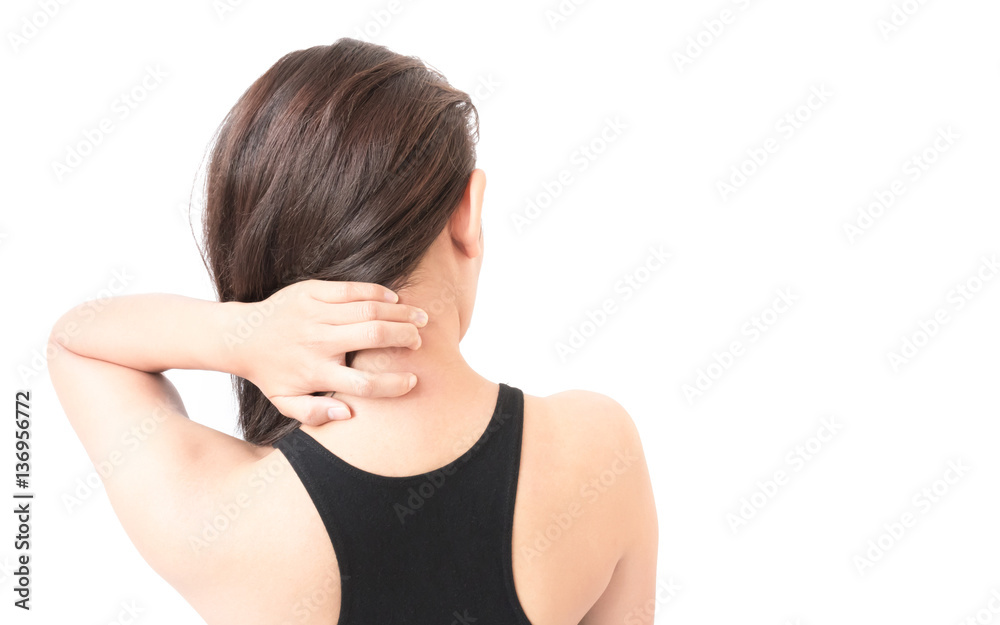 Woman Itching on shoulder and neck pain with white background fo Woman Itching on shoulder and neck pain with white background fo