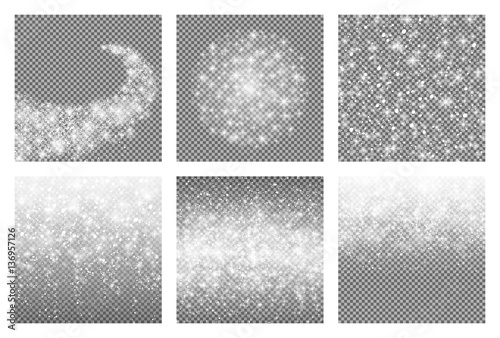 Shooting shining star with Elegant Trail - Meteoroid, Comet, Asteroid, Stars. Abstract Star burst. Falling snowflakes. Glitter snow line. Confetti. Isolated on transparent background. Vector set.