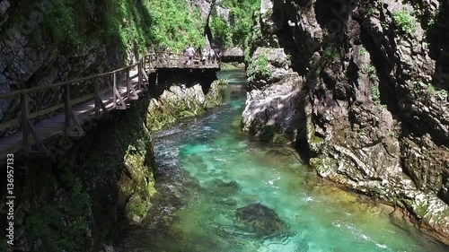 4K. Radovna river flows in Vintgar Gorge. People are walking around. Clean blue water and green forest. Triglav National Park, Julian Alps, Bled valley, Slovenia, Europe.