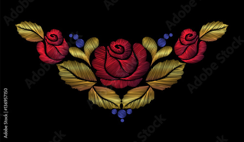 Embroidery crewel flower necklace traditional ornament decoration red roses leaves blueberry rich glowing golden gold design vector vintage retro style design