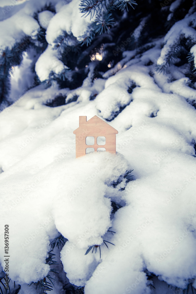symbol of the house stands on a snow-covered fir branches symbol of the house stands on a snow-covered fir branches