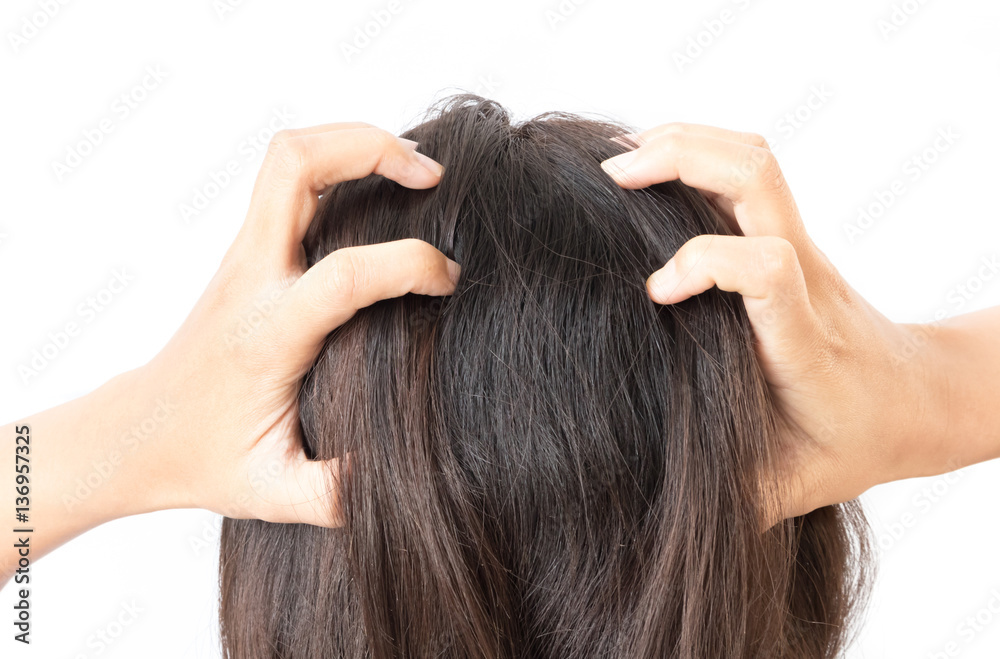 Naklejka premium Closeup woman hand itchy scalp, Hair care concept