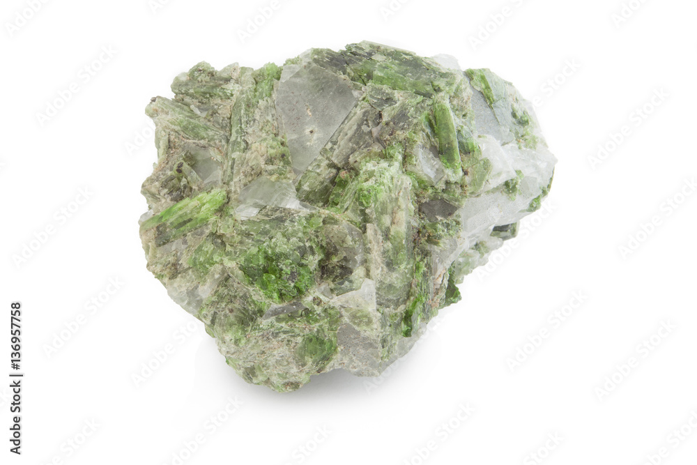 green mineral of clorite and quartz in white background green mineral of clorite and quartz in white background