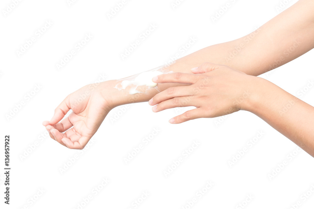 Woman hand with yogurt beauty skin care on white background Woman hand with yogurt beauty skin care on white background