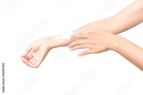 Woman hand with yogurt beauty skin care on white background