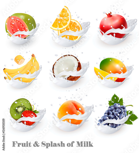 Big collection icons of fruit in a milk splash. Guava, banana, o