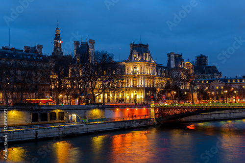 Night view of Hotel de Ville City Hall Paris , France