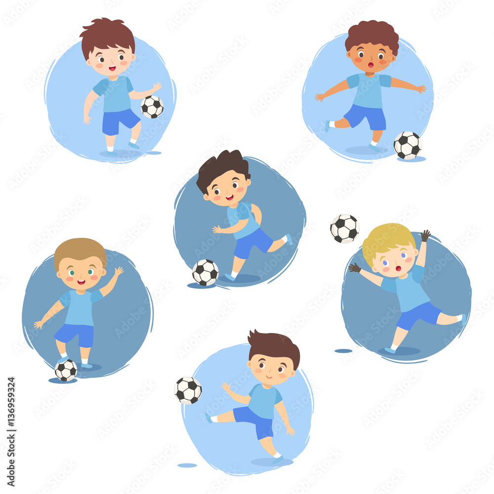 Kids playing Soccer Football Set, Boys Team Blue Uniform with different ethnic and action style isolated vector illustration