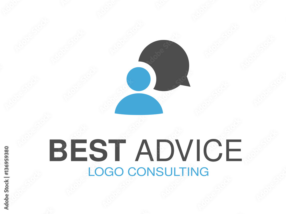 Vector blue grey brand for consulting agency, best advice. Logo design with symbol of speech bubble and man.