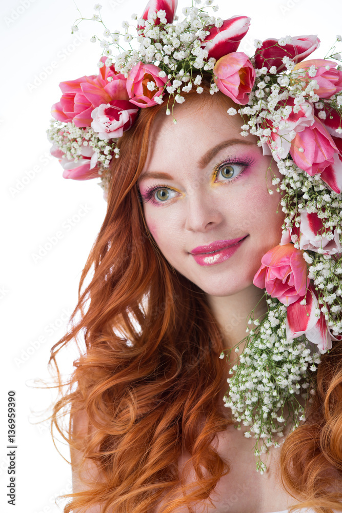 woman with wearing a wreath of tulips woman with wearing a wreath of tulips