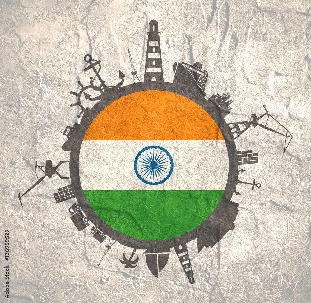 Circle with sea shipping and travel relative silhouettes. Concrete texture. Objects located around the circle. Industrial design background. India flag in the center.