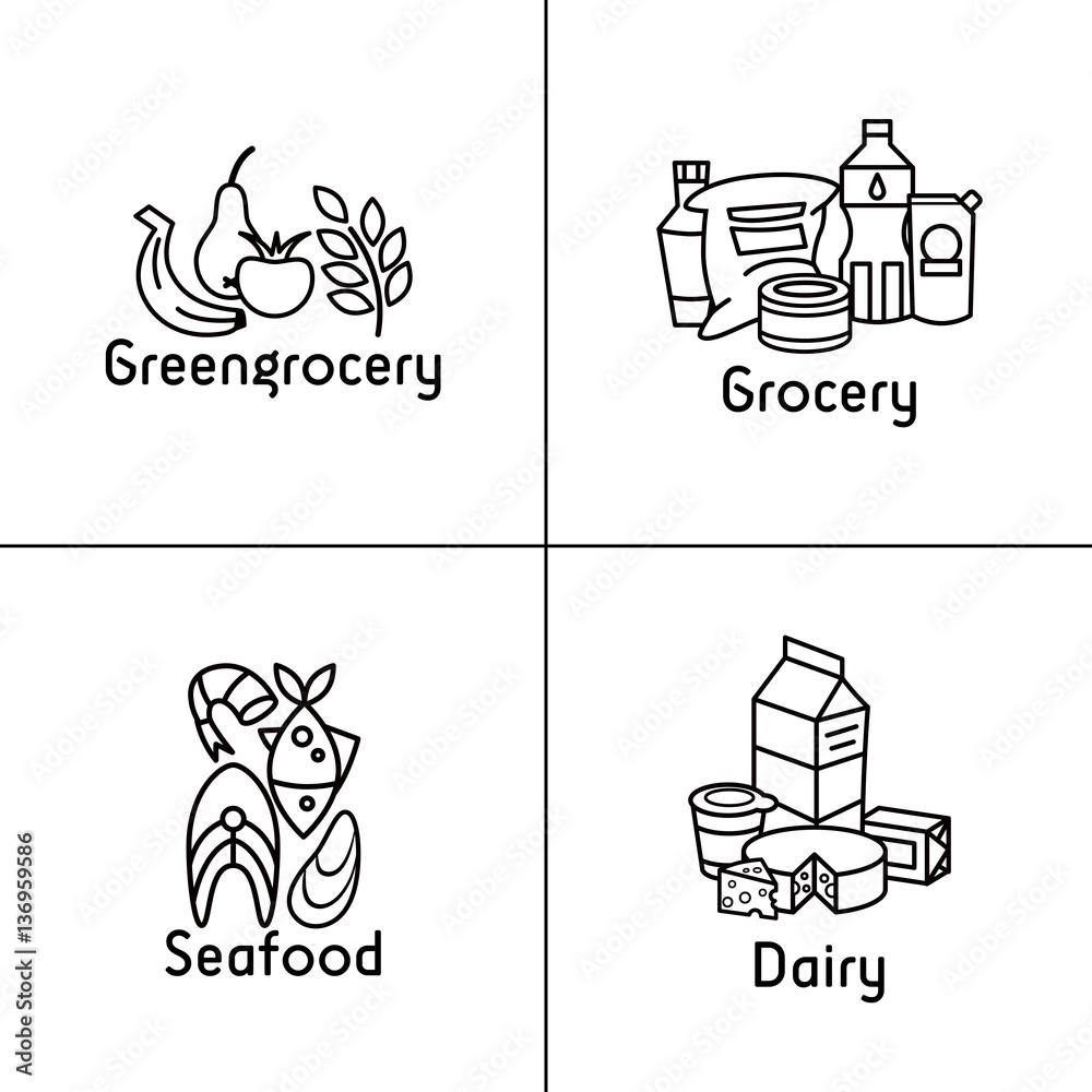 Linear icons isolated on white. Food sections: greengrocery, seafood, dairy, grocery.