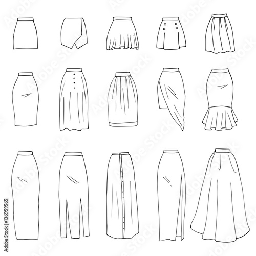 Hand drawn vector clothing set isolated on white. 15 models of trendy skirts: mini, midi, maxi.