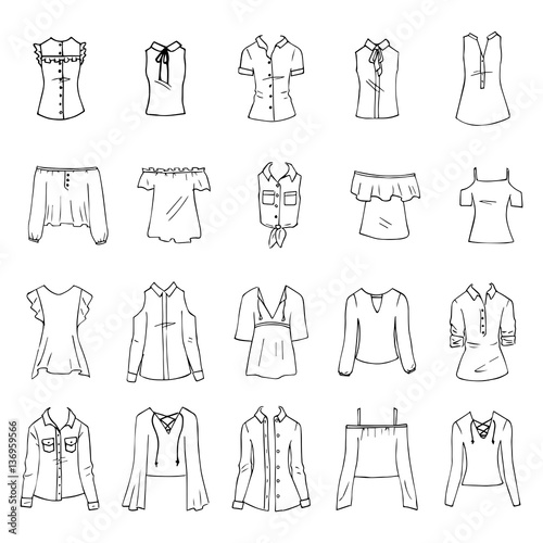 Hand drawn vector clothing set isolated on white. 15 models of trendy shirts and blouses.