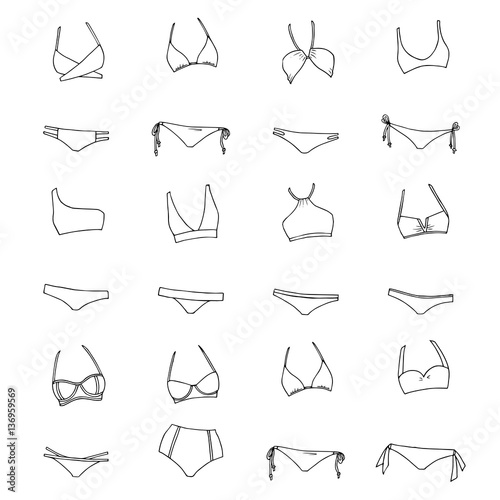 Trendy swimwear. Hand drawn vector clothing set. 