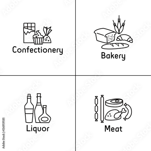 Linear icons isolated on white. Food sections: confectionery, bakery, liquor, meat. 