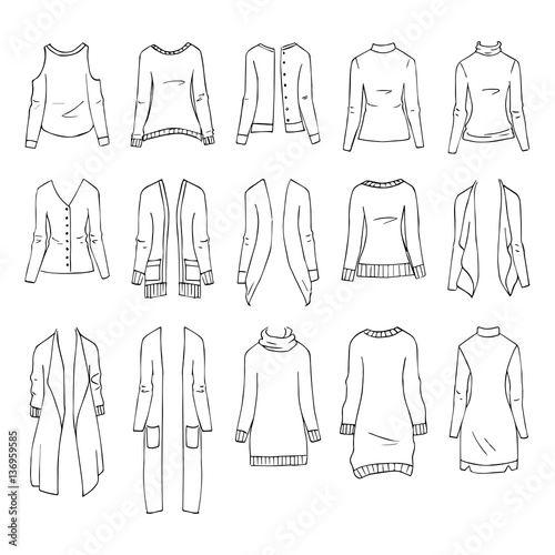 Hand drawn vector clothing set isolated on white. 15 models of trendy jumpers and cardigans.
