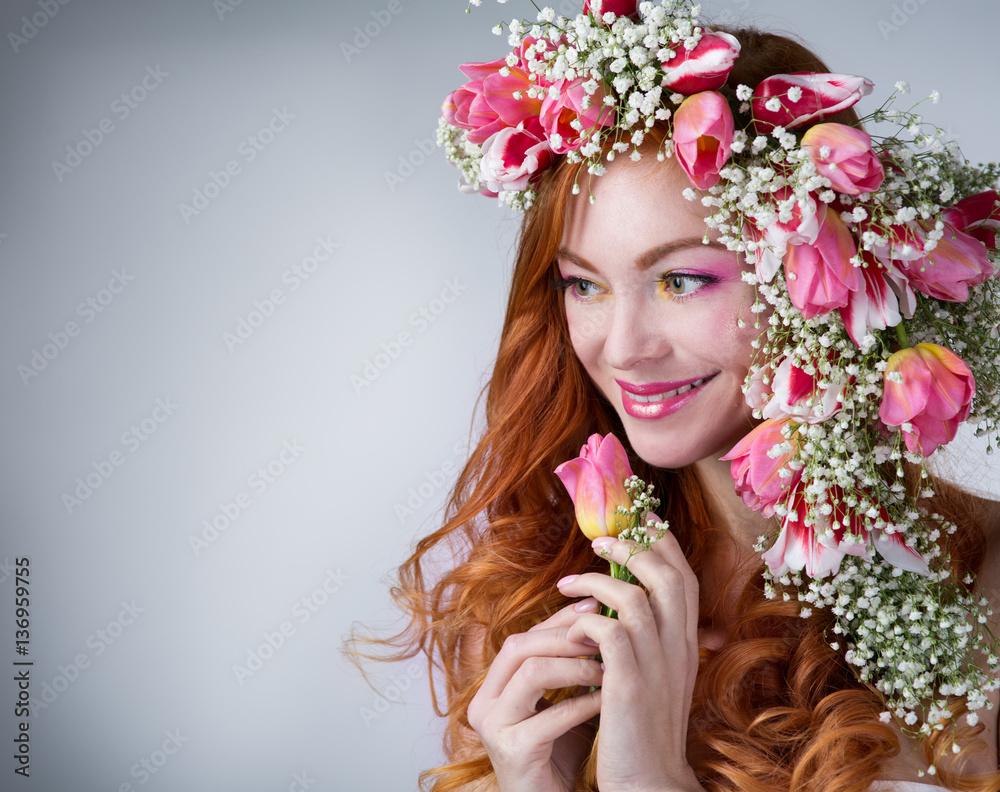 woman with wearing a wreath of tulips woman with wearing a wreath of tulips