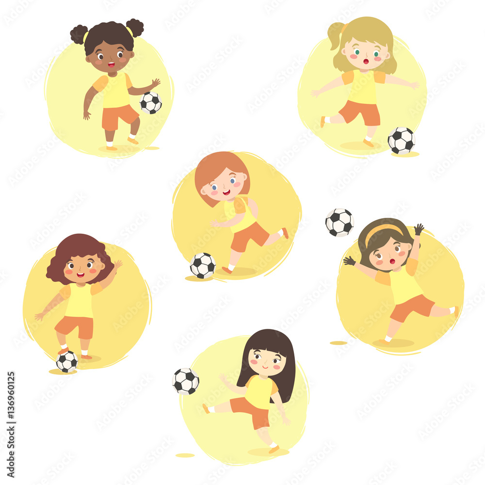 Φωτογραφία Kids playing Soccer Football Set, Girls Team Yellow Uniform with different ethni