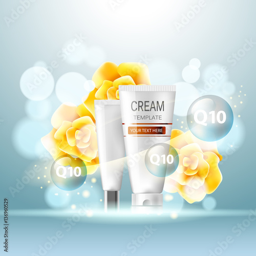 Vector realistic cosmetic bottles with natural elements.
