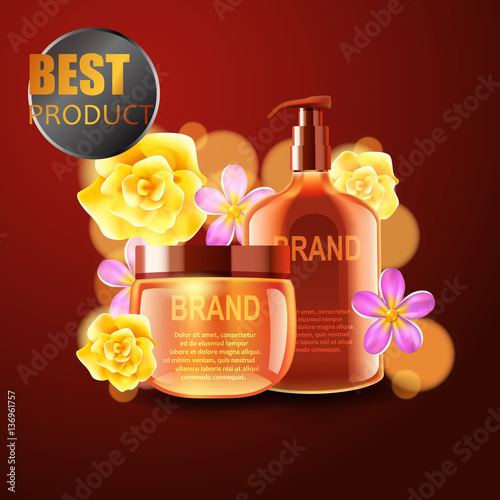 Vector realistic cosmetic bottles with natural elements.