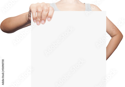 Close up of female hands holding blank advertising card