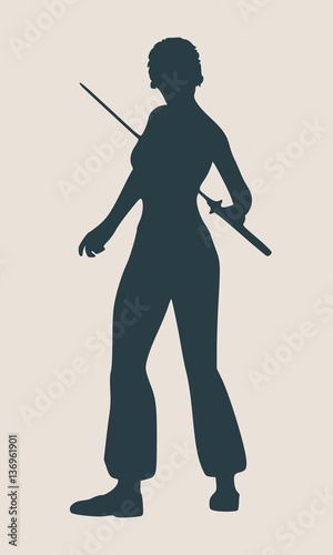 Karate martial art silhouette of woman in sword fight karate pose