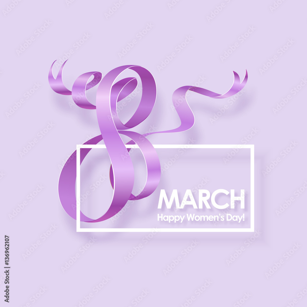 March 8 International Womens Day greeting card with purple ribbon. Background template. Vector illustration.