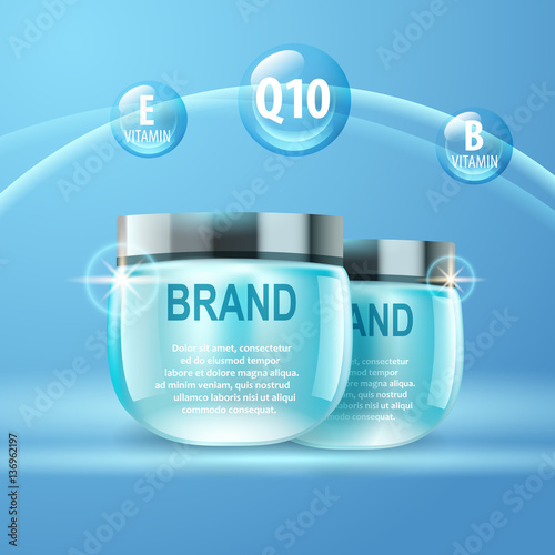Vector realistic cosmetic bottles with natural elements.