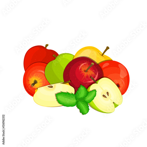 Vector composition of a few apples. Yellow, red and green apple fruits and mint leaves. Group of tasty fruits colorful design for the packaging of juice, breakfast, healthy eating, vegetarianism