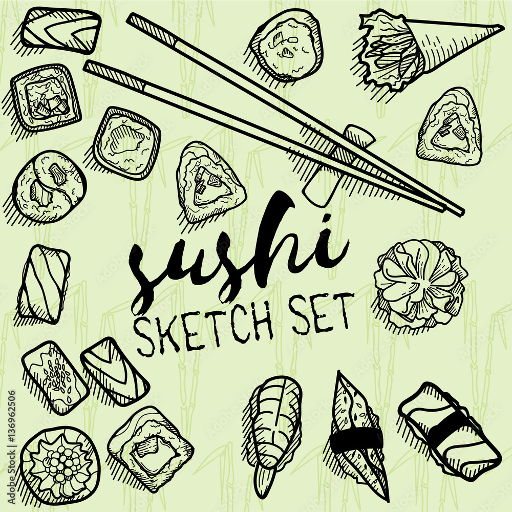 Sushi vector sketch set. Hand drawn design elements. Stock Vector ...