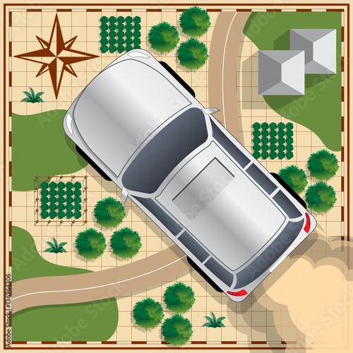 Car on a map background. View from above. Vector illustration.