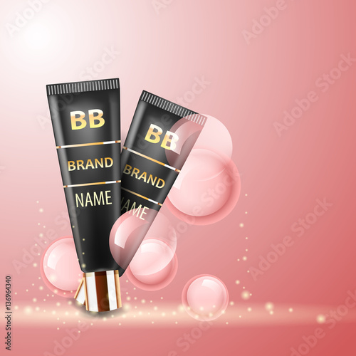 Vector realistic cosmetic bottles with natural elements.