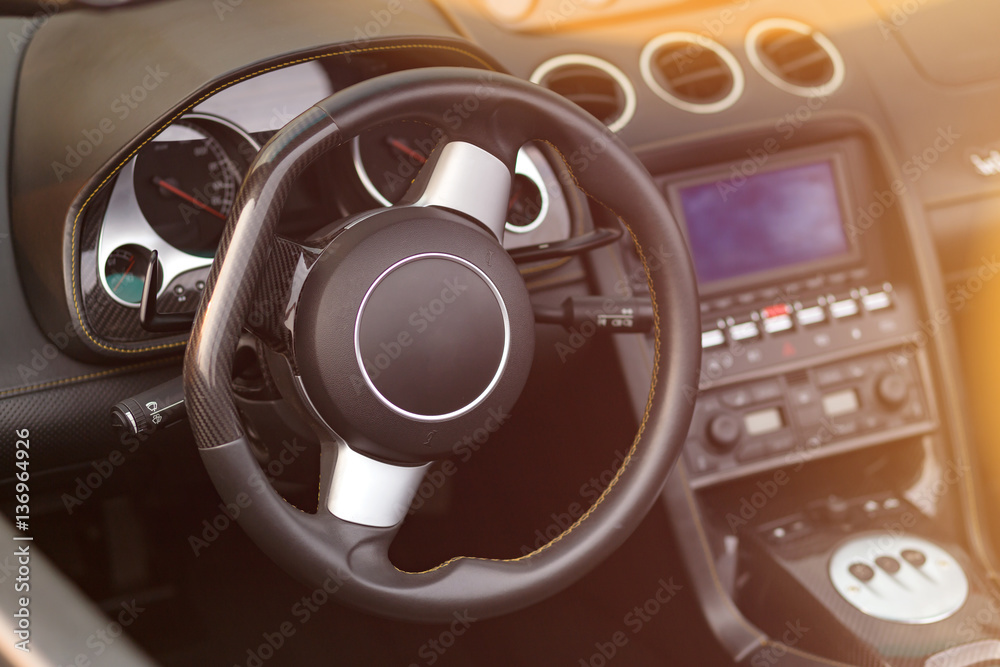 Steering wheel and interior view of car. dashboard with fade style Steering wheel and interior view of car. dashboard with fade style