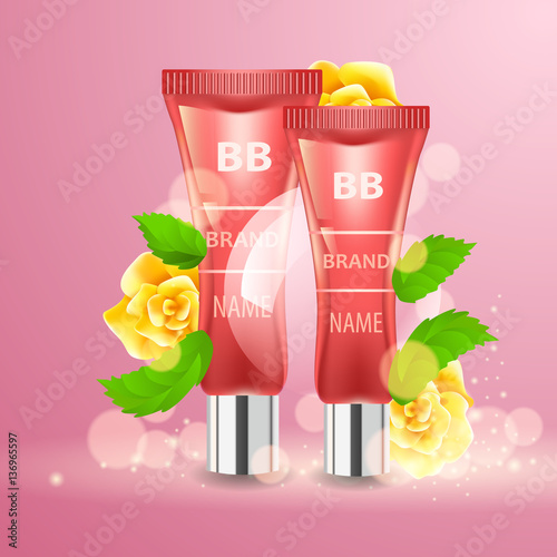 Vector realistic cosmetic bottles with natural elements.