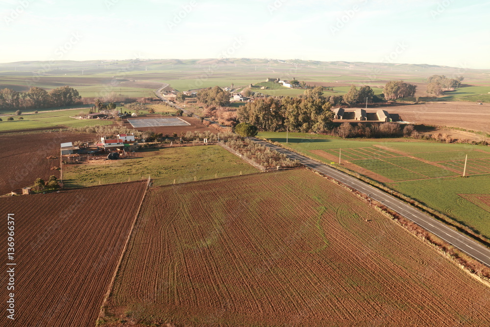 Obraz premium Aerial view of fields and farmland taken from a hot air balloon