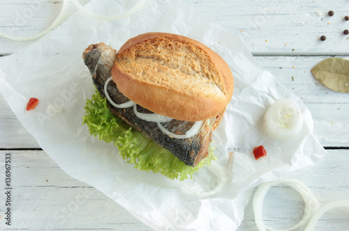 Fischbrötchen Brathering Hering Matjes Top View Overhead photo