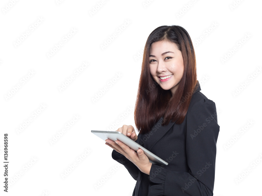 Business woman with smiling face holding tablet isolated on white background, young asian girl Business woman with smiling face holding tablet isolated on white background, young asian girl