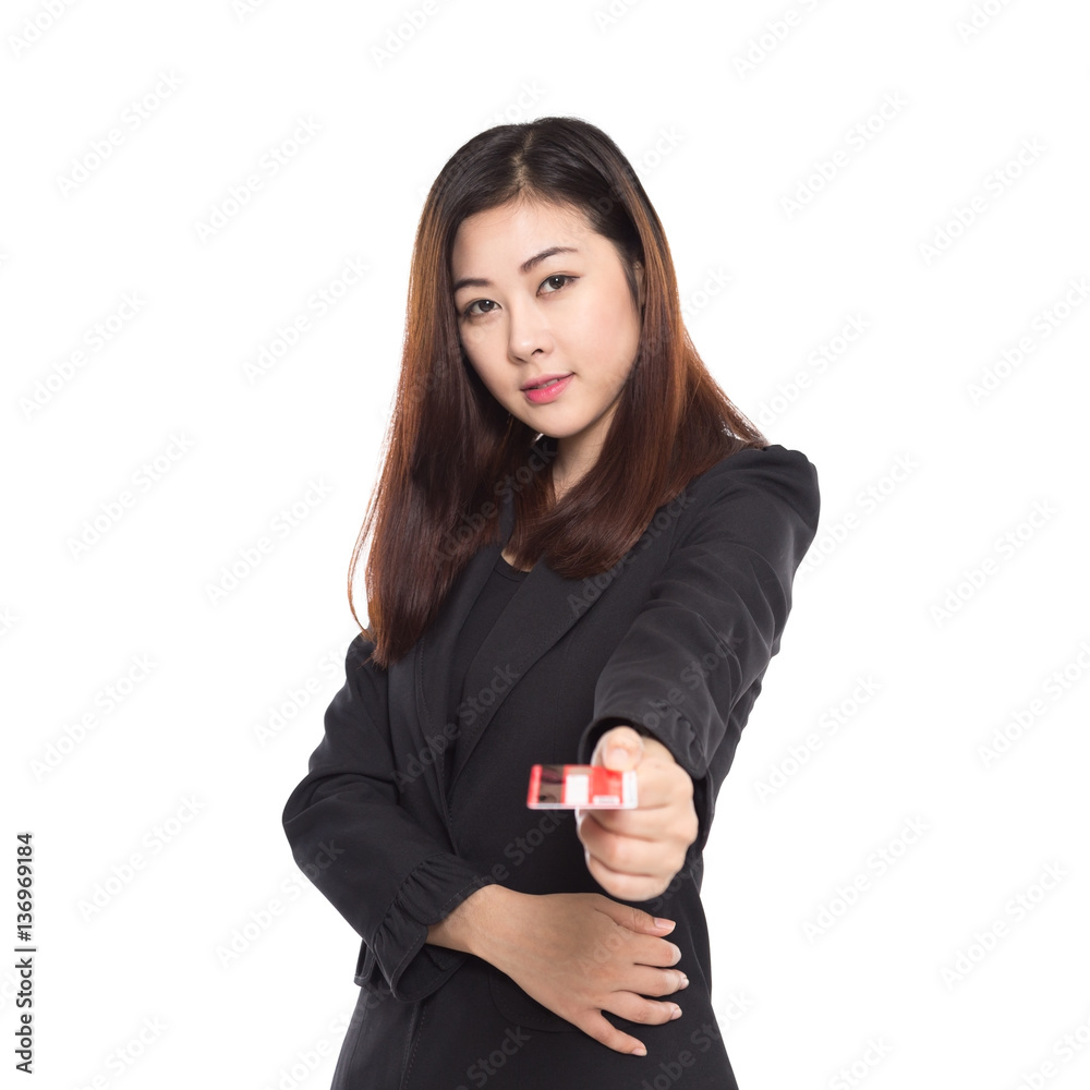 Young business woman holding red card in hand isolated on white background, Asian girl Young business woman holding red card in hand isolated on white background, Asian girl