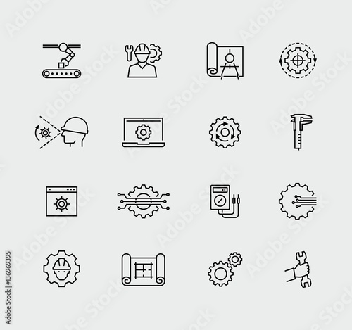 Engineering and manufacturing vector line icon set